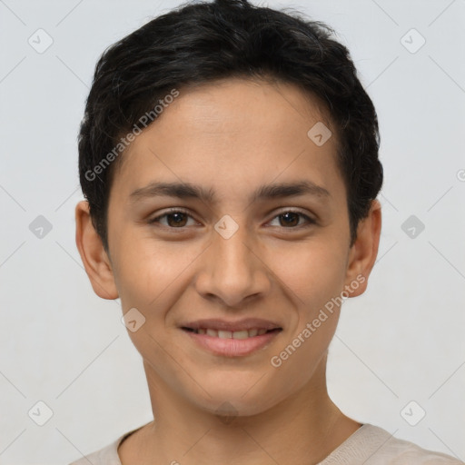 Joyful latino young-adult female with short  brown hair and brown eyes