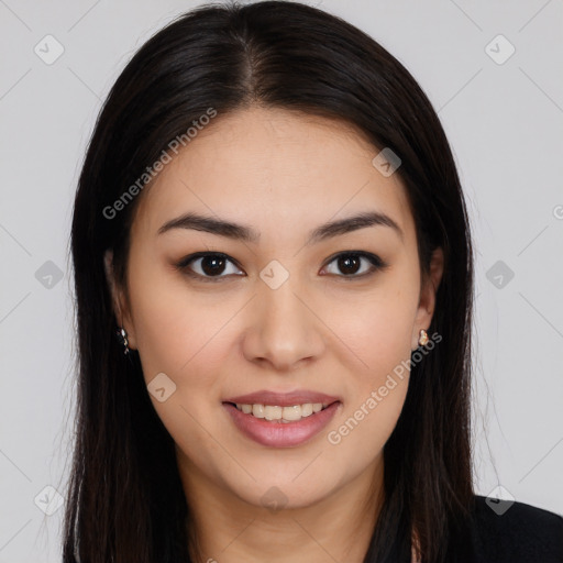 Joyful latino young-adult female with long  brown hair and brown eyes