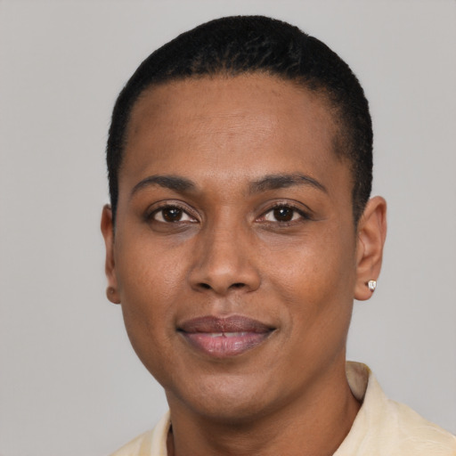 Joyful black young-adult female with short  black hair and brown eyes