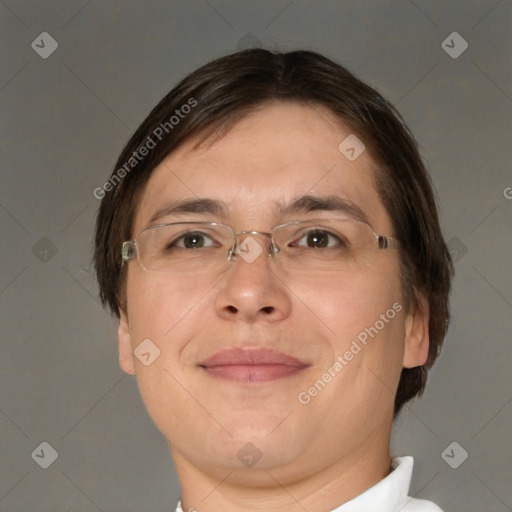 Joyful white adult female with short  brown hair and brown eyes