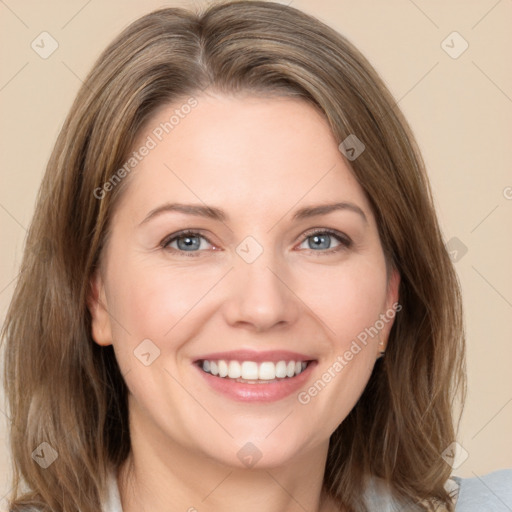 Joyful white young-adult female with medium  brown hair and green eyes