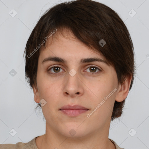 Neutral white young-adult female with short  brown hair and brown eyes