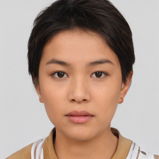 Neutral asian young-adult female with short  brown hair and brown eyes