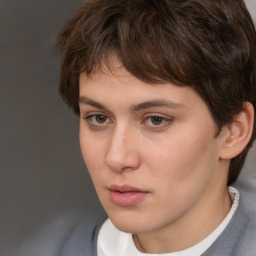 Neutral white young-adult female with short  brown hair and brown eyes