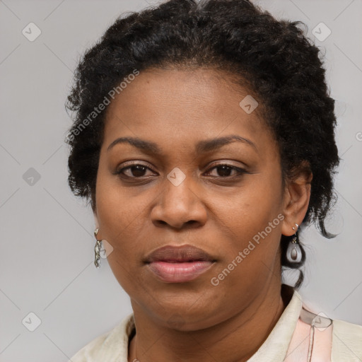 Joyful black adult female with short  brown hair and brown eyes