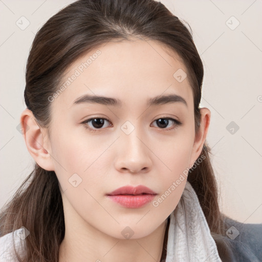 Neutral white young-adult female with medium  brown hair and brown eyes