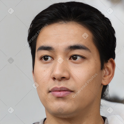 Neutral asian young-adult male with short  black hair and brown eyes