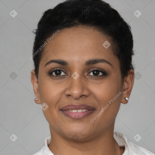 Joyful latino young-adult female with short  brown hair and brown eyes