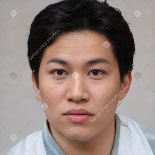 Neutral asian young-adult female with short  brown hair and brown eyes