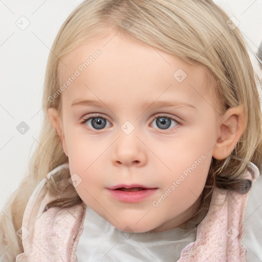 Neutral white child female with medium  brown hair and blue eyes