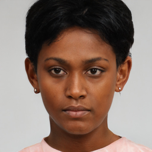 Neutral asian young-adult female with short  black hair and brown eyes