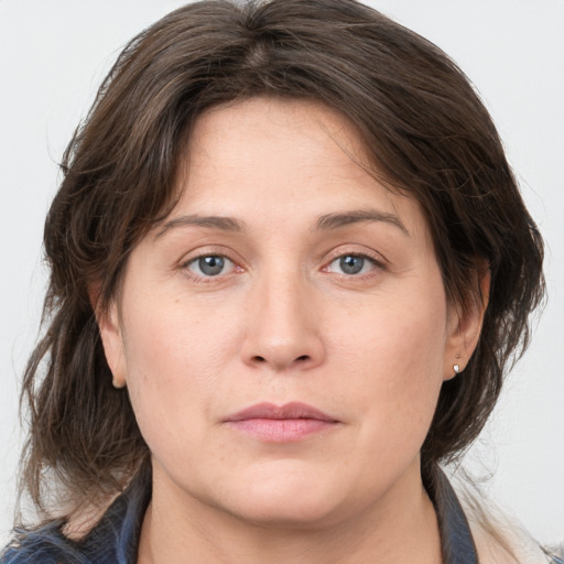 Neutral white adult female with medium  brown hair and grey eyes