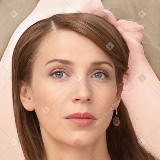 Neutral white young-adult female with long  brown hair and brown eyes