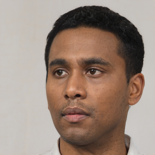 Neutral black young-adult male with short  black hair and brown eyes