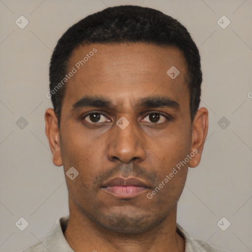 Neutral latino young-adult male with short  black hair and brown eyes