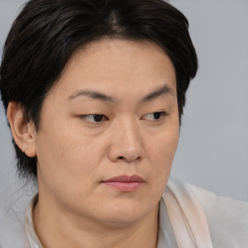 Neutral asian adult female with medium  brown hair and brown eyes