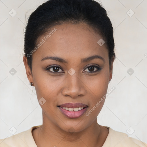 Joyful latino young-adult female with short  brown hair and brown eyes