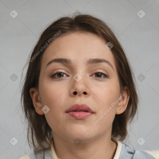 Neutral white young-adult female with medium  brown hair and brown eyes