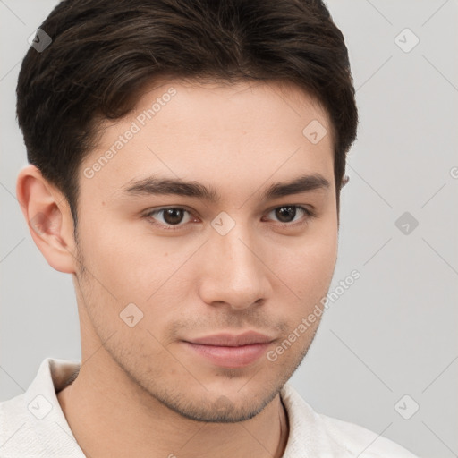 Neutral white young-adult male with short  brown hair and brown eyes