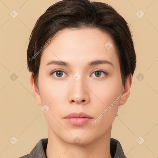 Neutral white young-adult female with short  brown hair and brown eyes