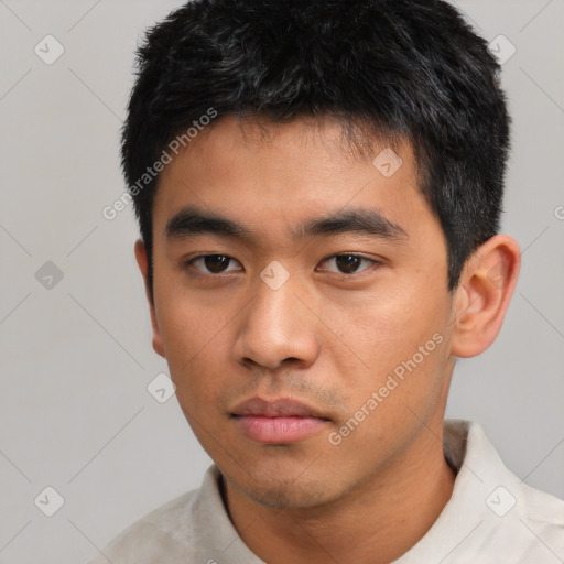 Neutral asian young-adult male with short  black hair and brown eyes