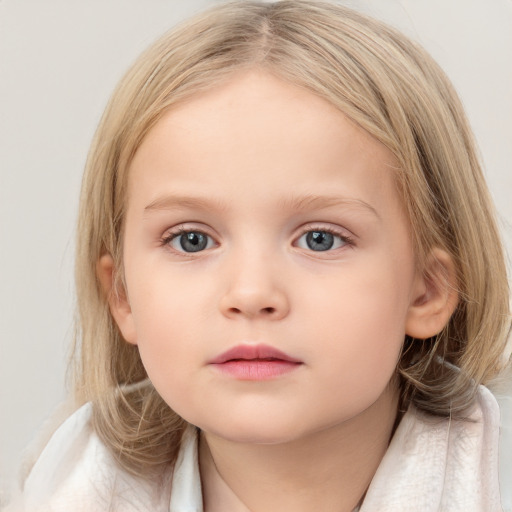 Neutral white child female with medium  brown hair and blue eyes