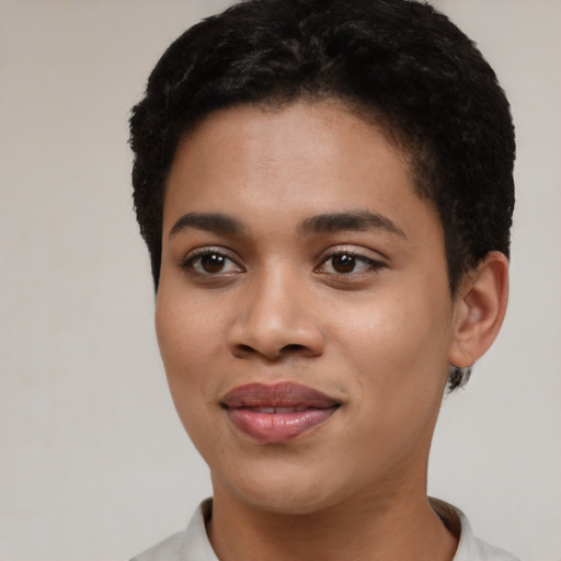 Joyful asian young-adult female with short  black hair and brown eyes