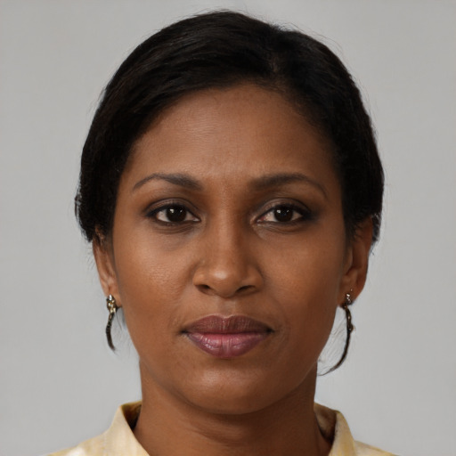Neutral black young-adult female with medium  brown hair and brown eyes