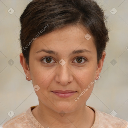 Joyful white young-adult female with short  brown hair and brown eyes