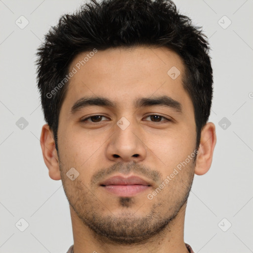 Neutral asian young-adult male with short  black hair and brown eyes