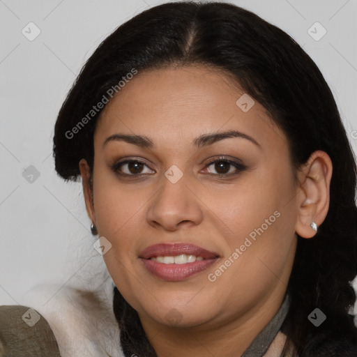 Joyful latino young-adult female with medium  brown hair and brown eyes
