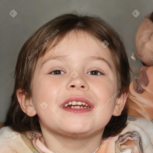 Joyful white child female with medium  brown hair and brown eyes