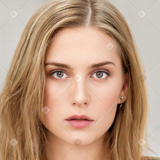 Neutral white young-adult female with long  brown hair and green eyes