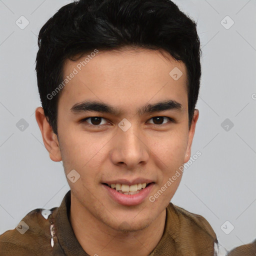 Joyful latino young-adult male with short  brown hair and brown eyes