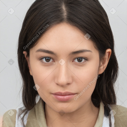 Neutral white young-adult female with medium  brown hair and brown eyes