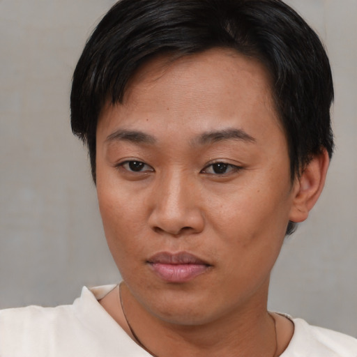 Neutral asian young-adult female with short  brown hair and brown eyes