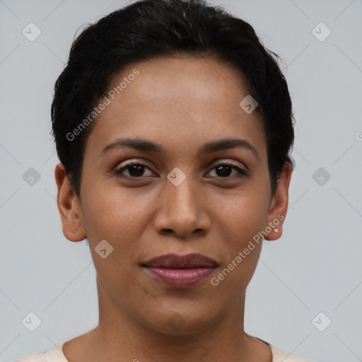 Joyful latino young-adult female with short  black hair and brown eyes