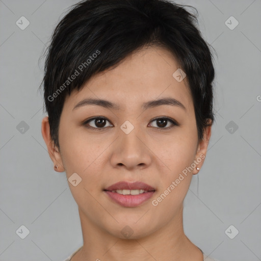 Joyful asian young-adult female with short  black hair and brown eyes