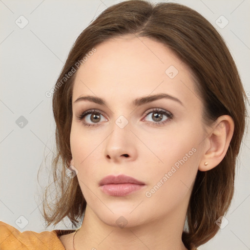 Neutral white young-adult female with medium  brown hair and brown eyes