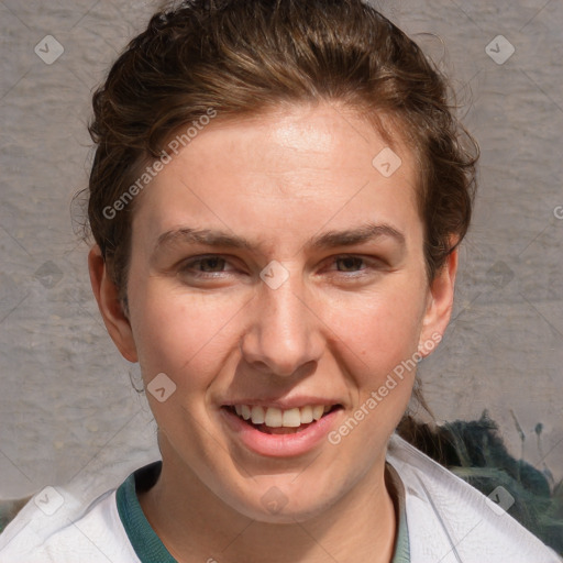 Joyful white adult female with short  brown hair and brown eyes