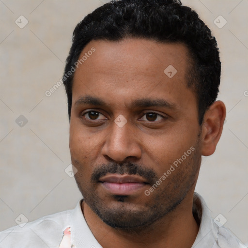 Neutral latino young-adult male with short  black hair and brown eyes
