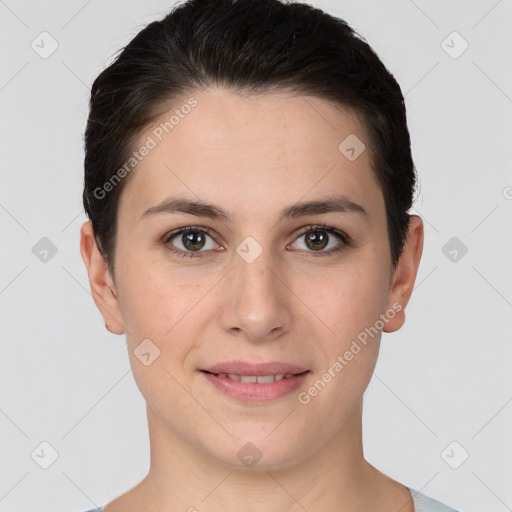 Joyful white young-adult female with short  brown hair and brown eyes