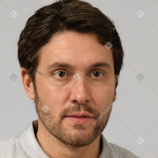 Neutral white adult male with short  brown hair and brown eyes