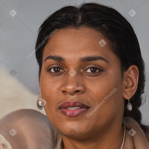 Joyful black young-adult female with long  brown hair and brown eyes