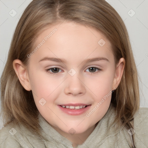 Joyful white child female with medium  brown hair and brown eyes