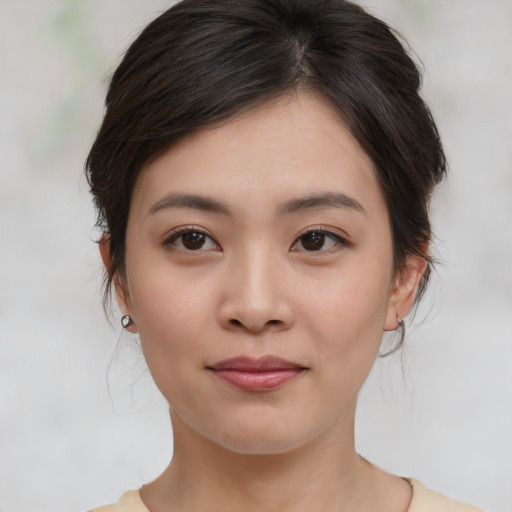 Neutral asian young-adult female with medium  brown hair and brown eyes