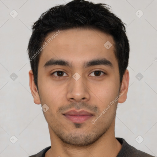 Neutral latino young-adult male with short  black hair and brown eyes