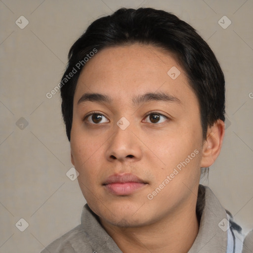 Neutral asian young-adult male with short  black hair and brown eyes