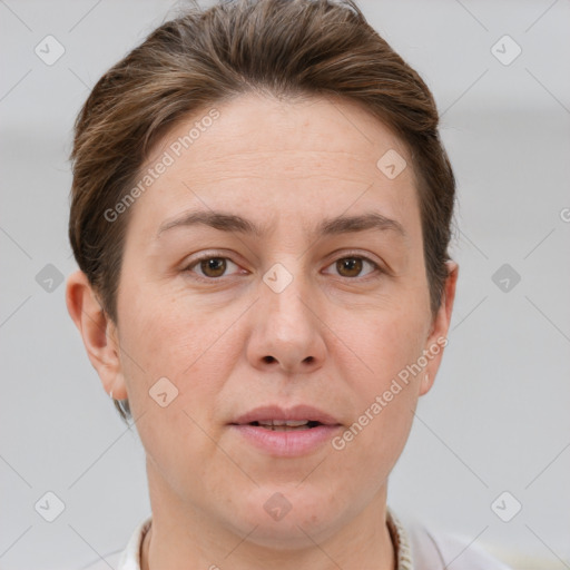 Joyful white adult female with short  brown hair and grey eyes