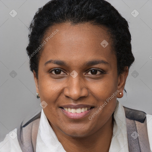 Joyful black adult female with short  brown hair and brown eyes